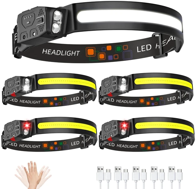 Main image of Headlamp Rechargeable 5PCS, Bright LED Headlamp, Head Light 230° Wide Beam | IPX4 Waterproof, 6 Lighting Modes, Motion Sensor, 2 Spotlights, Red Light, Camping Running Headlamp for Adults, Hard Hat