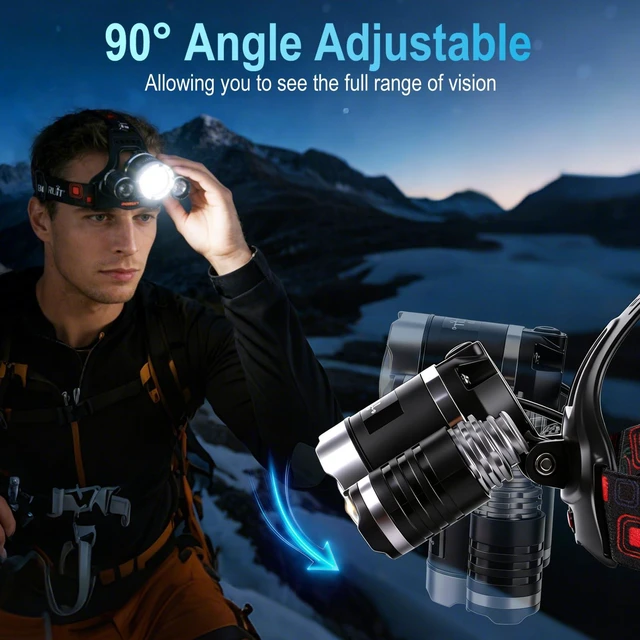 Alt view image 4 of 7 - Headlamp with Red Light, USB C Rechargeable, 90° Adjustable, 3 Modes | Super Bright Head Lights for Forehead, IPX5 Waterproof, Hardhat Compatible, for Adults Camping Hunting Fishing