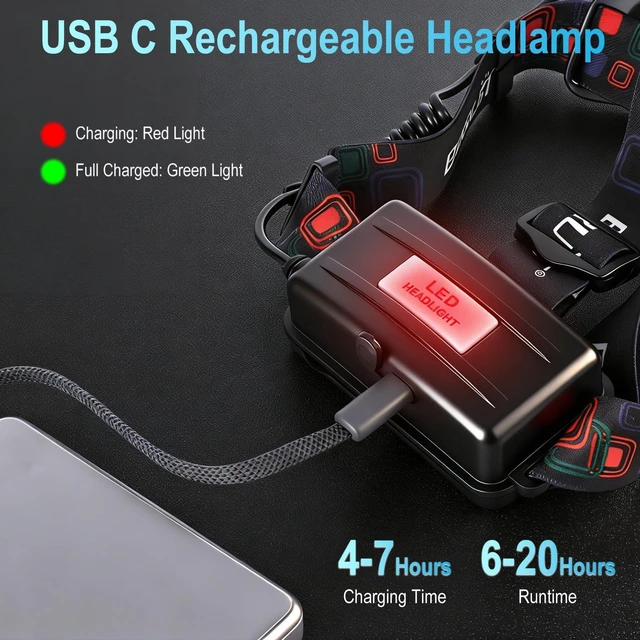 Alt view image 5 of 7 - Headlamp with Red Light, USB C Rechargeable, 90° Adjustable, 3 Modes | Super Bright Head Lights for Forehead, IPX5 Waterproof, Hardhat Compatible, for Adults Camping Hunting Fishing
