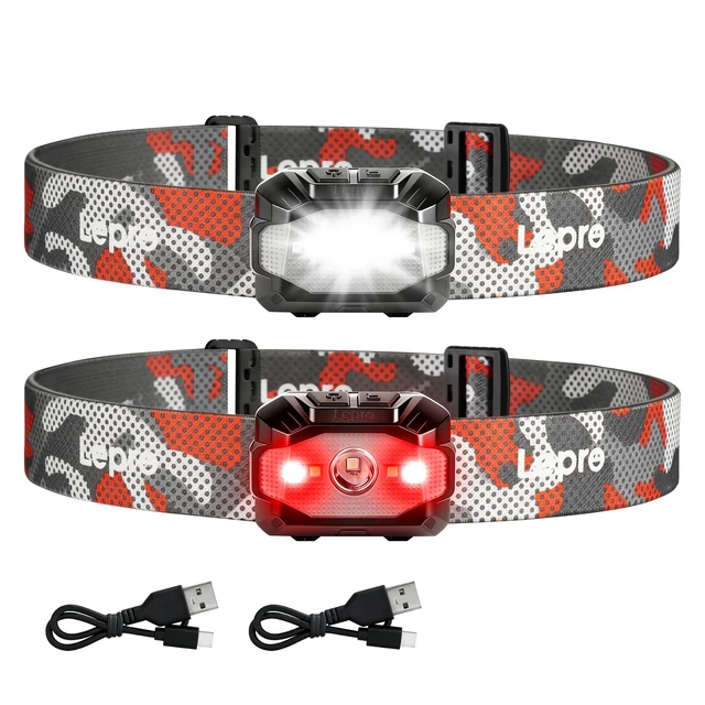 Main image of Lepro Dual Power Headlamp USB-C Rechargeable & AAA Battery 300 Lumens 2Pack | 10 lighting modes,Spotlight & Floodlight,Memory function,Red light,Waterproof,Adjustable Headband,Red light,Camping,Hiking