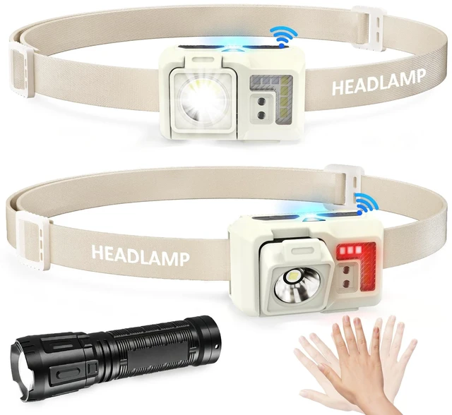 Main image of 2 Pack Rechargeable LED Headlamp with Motion Sensor, 5 Light Modes Headlamp with Red Light, Adjustable Lightweight Head Lamp for Camping Running Hiking Fishing Hunting Outdoor (Beige), Flashlight