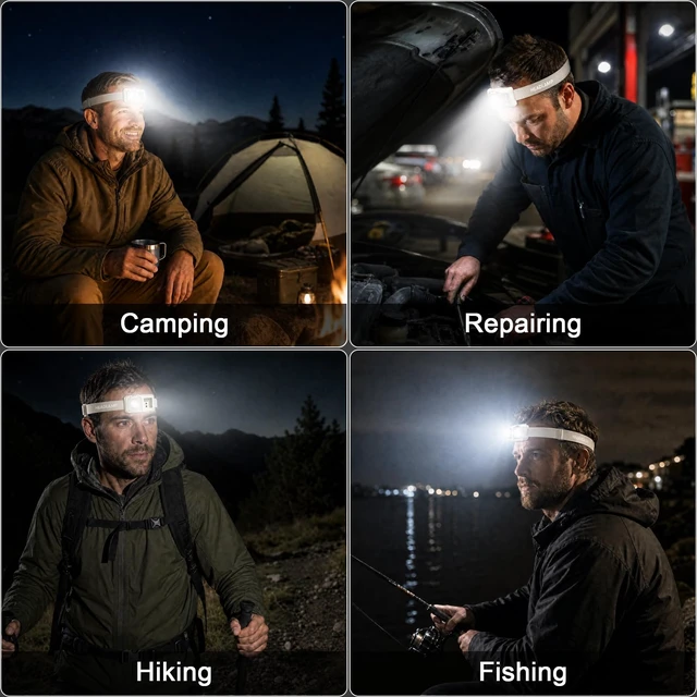 Alt view image 7 of 7 - 2 Pack Rechargeable LED Headlamp with Motion Sensor, 5 Light Modes Headlamp with Red Light, Adjustable Lightweight Head Lamp for Camping Running Hiking Fishing Hunting Outdoor (Beige), Flashlight