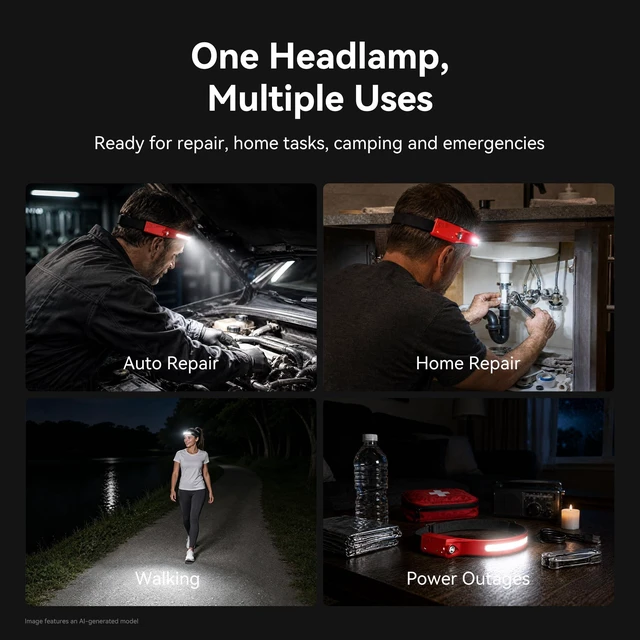Alt view image 5 of 6 - EGUKU Rechargeable Headlamp, 230° Wide Beam LED Head Lamp for Adults | 1200LM, 5 modes, floodlight and spotlight, IPX4 waterproof, headband flashlight for camping, car repair and emergency