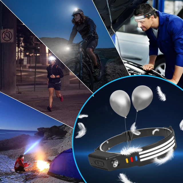 Alt view image 7 of 7 - 6Pack LED Headlamp Rechargeable, 230°Wide Beam 1200 High Lumen Head Lamp | Adult Headlamp with Motion Sensor5 Light Modes, IPX6 Waterproof Head Light for Camping, Running, Hiking and Cycling
