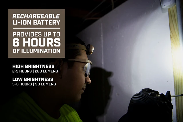 Alt view image 3 of 7 - Spec Ops Tools Rechargeable LED Headlamp for Construction & Jobsite Use, Waterproof and Adjustable Headband with 2 Light Modes, Head Lamp 280 Lumens