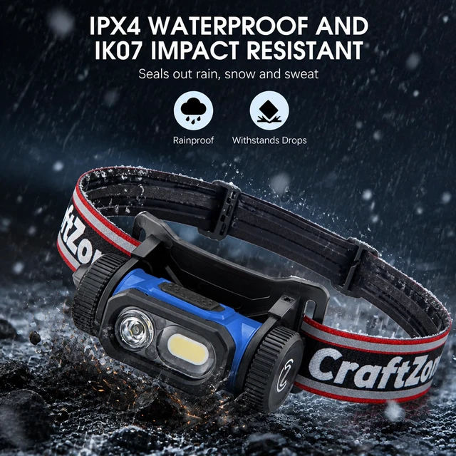 Alt view image 3 of 7 - CRAFTZONE LED Rechargeable Headlamp Flashlight for Camping Blue | LED Headband Light with Motion Sensor Dual Power: Battery & Rechargeable, Waterproof Work Light for Hiking Fishing Running