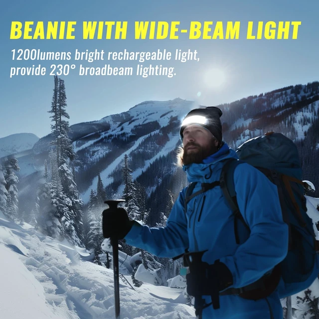 Alt view image 2 of 7 - Easymaxx Rechargeable Headlamp Beanie, 1200LM Winter Hat with Light | Wide beam, 6 modes, red rear light, 410 hr runtime, washable acrylic blend for dog walking and outdoor work, gifts for men