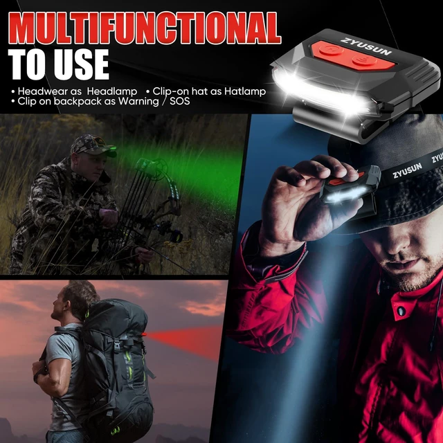 Alt view image 3 of 7 - Zyusun 3-Pack Rechargeable Cap Light,Portable headlamps,Clip on Hat with Motion Sensor,Lightweight IPX4 Waterproof,Night Vision LED Lights for Hunting Fishing Camping Hiking Cycling (Green+Red+Pink)