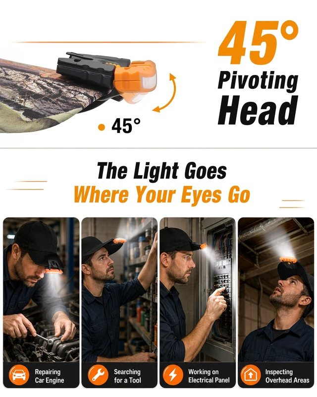 Alt view image 5 of 7 - EverBrite Hat Light Rechargeable, 2-Pack Clip-On Cap Light | Hands-Free Lighting, IPX4 Water Resistant, 5 Modes With Red Light, 45° Pivoting Head, Camping & Outdoor Use