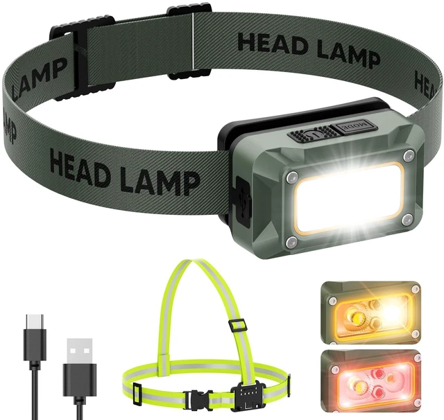 Main image of LED Headlamp Rechargeable with White, Red, Yellow Light & Reflective Vest | Motion Sensor, 5 Modes, Waterproof Running Lights, Lightweight Head Lamp For Running Camping Fishing Hiking