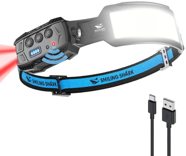 Main image of Smiling Shark Headlamp, Head Lamp Led Rechargeable 6 Modes 7*White Lights 270° Lighting Red Tail Light for Camping Fishing Running Repairation, LED-Headlamp-Rechargeable-Light