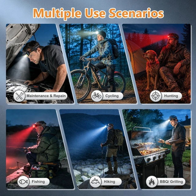 Alt view image 6 of 7 - 6 Pack LED Headlamp Rechargeable,Super Bright Head Lamps for Adults & Kids | Mens Christmas Stocking Stuffers,Tool Gifts forMen,Headlight Flashlight,Red Light8 ModesMotion Sensor for Running,Hunting