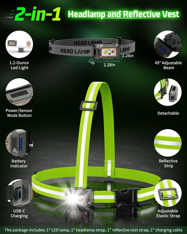 Alt view image 2 of 7 - Running Lights For Runners,Sensor Mode Headlamp 2in1 Reflective Vest Light | IPX4 Waterproof,5 light mode,Adjustable 45°Beam,USBC Rechargeable,Battery Life4-10hrs,Chest Light For Walking Biking Hiking