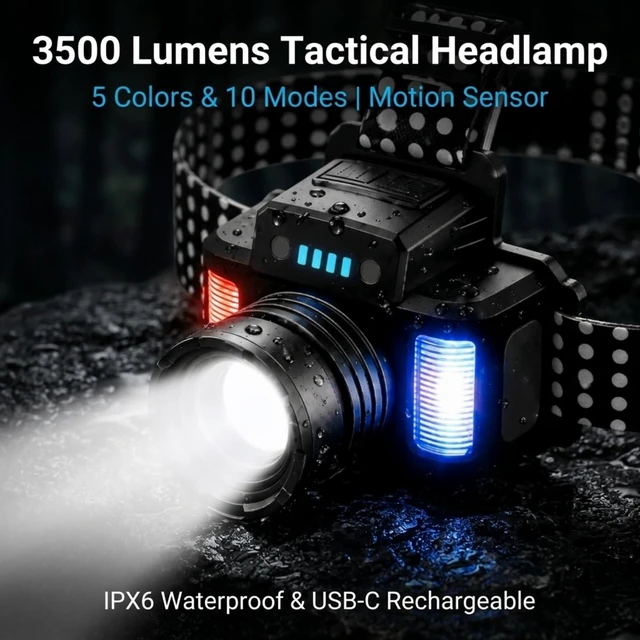 Alt view image 2 of 7 - Rechargeable Headlamp 3500 Lumens, Dual White & Yellow LED Lights | 5 Light Colors, 10 Modes, Zoomable Beam, Hands-Free Headlight for Camping, Fishing, Hiking, Night Work and Emergency Use