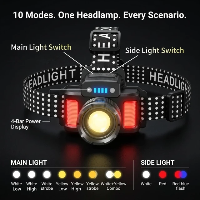 Alt view image 4 of 7 - Rechargeable Headlamp 3500 Lumens, Dual White & Yellow LED Lights | 5 Light Colors, 10 Modes, Zoomable Beam, Hands-Free Headlight for Camping, Fishing, Hiking, Night Work and Emergency Use
