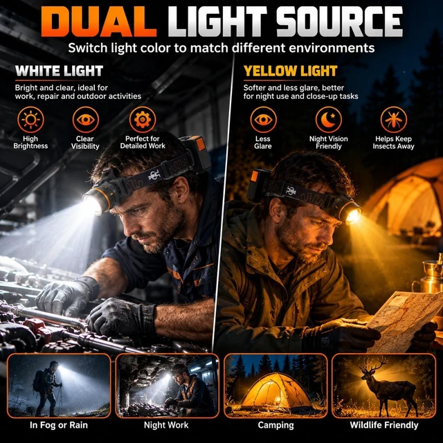 Alt view image 2 of 7 - Daktcore LED Headlamp Rechargeable 3500 Lumens, Dual Beams Headlights Super Bright with 12 Modes & IPX6 Long Runtime Warning Light, Motion Sensor Head Lamp 120° Adjustable for Adult Camping Running
