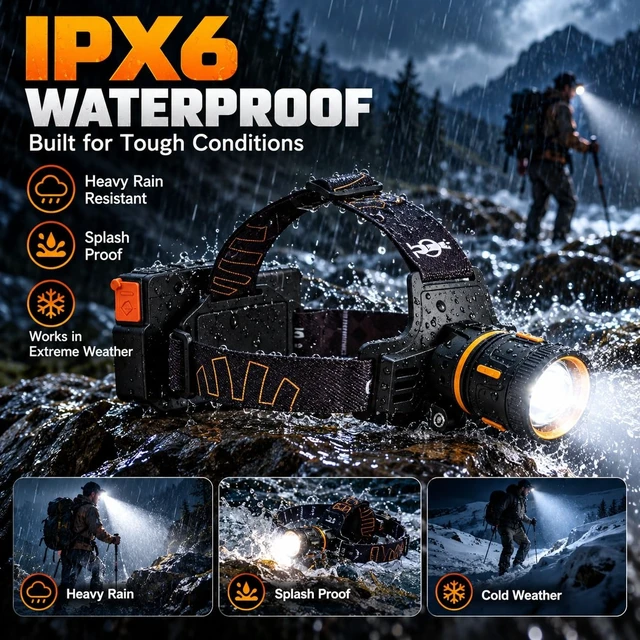 Alt view image 6 of 7 - Daktcore LED Headlamp Rechargeable 3500 Lumens, Dual Beams Headlights Super Bright with 12 Modes & IPX6 Long Runtime Warning Light, Motion Sensor Head Lamp 120° Adjustable for Adult Camping Running