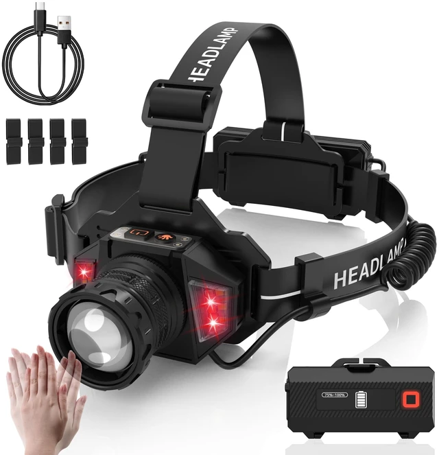Main image of Ehowdin Headlamp Rechargeable with Zoom&Red Side Light,4000LM Headlight with Motion Sensor 3Color Lights, IP65 Waterproof 90° Adjustable Hiking Fishing Camping Emergency Hard Hat Headlamp