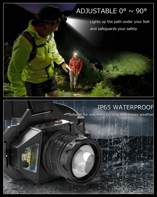 Alt view image 7 of 7 - Ehowdin Headlamp Rechargeable with Zoom&Red Side Light,4000LM Headlight with Motion Sensor 3Color Lights, IP65 Waterproof 90° Adjustable Hiking Fishing Camping Emergency Hard Hat Headlamp