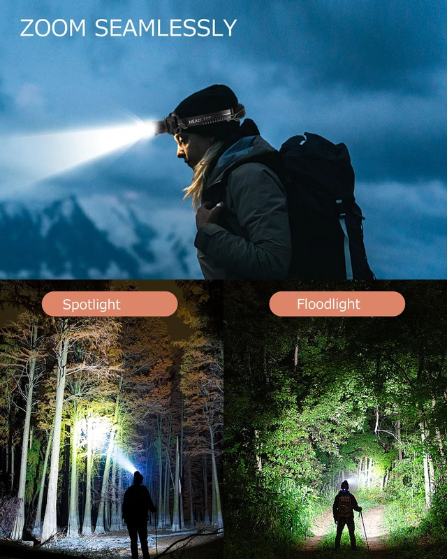 Alt view image 6 of 7 - Ehowdin Headlamp Rechargeable with Zoom&Red Side Light,4000LM Headlight with Motion Sensor 3Color Lights, IP65 Waterproof 90° Adjustable Hiking Fishing Camping Emergency Hard Hat Headlamp