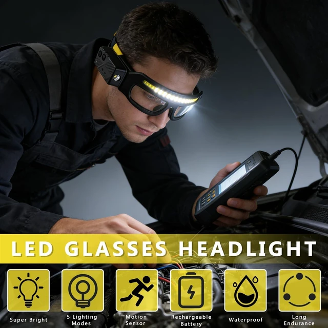 Alt view image 2 of 7 - BSummit LED Glasses Rechargeable Headlight with Motion Sensor and Touch Control, 5 Modes, USB-C Light Up Eyewear 350-500lm IPX4 Waterproof for Running Camping Fishing Cycling Hiking (Blue)