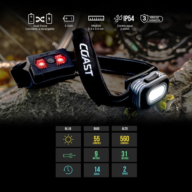 Alt view image 2 of 6 - Coast RL10 560 Lumen Dual Color LED Headlamp with Flood and Spot Beams, Variable Light Control, C.O.B., Alkaline Dual Power, Non-Slip Band, 3 x AAA Included