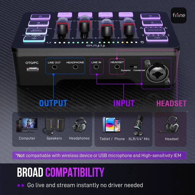 Alt view image 4 of 7 - FIFINE Ampligame SC3 Gaming Audio Mixer with Indi-Fader and Volume Control | USB PnP for PC,Mute Button,XLR Preamp,RGB,VoiceChanger,48V Phantom Power,Monitoring,Podcast,Recording,Vocal,Streaming