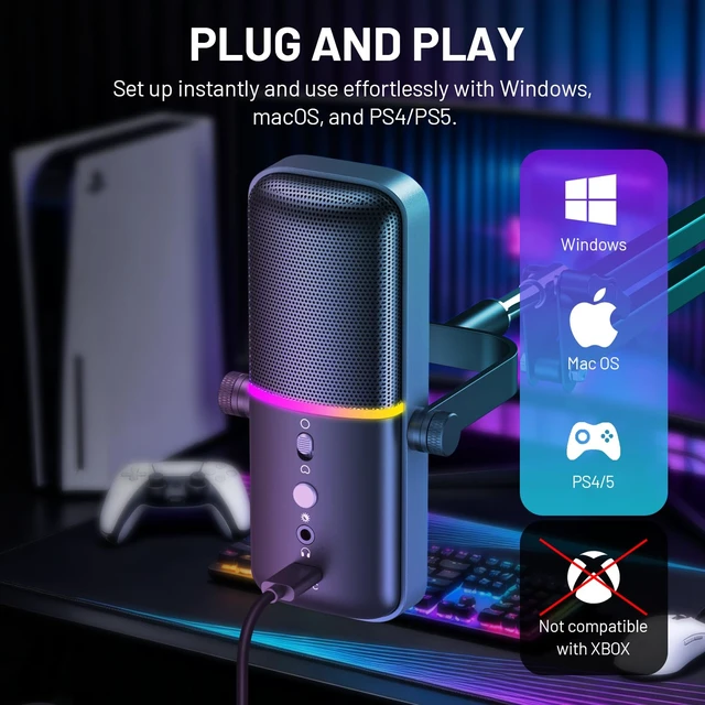Alt view image 6 of 7 - Gaming Microphone Set with Boom Arm, USB Microphone, Gaming Equipment Mic | Dual Pickup Patterns, Dynamic RGB, 2-in-1 Mute & Gain Control, AI Noise Reduction, Plug & Play for PC/PS4/PS5
