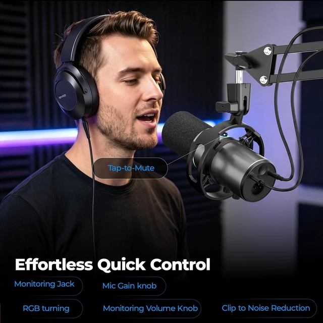 Alt view image 4 of 7 - KO-STAR Dynamic Microphone Kit, USB/XLR Gaming Mic for PC Podcast Streaming | Noise Cancelling, RGB Light, Mute Button, Mic Gain, Monitoring, Boom Arm, Headphones Jack, for Content Creation & Singing