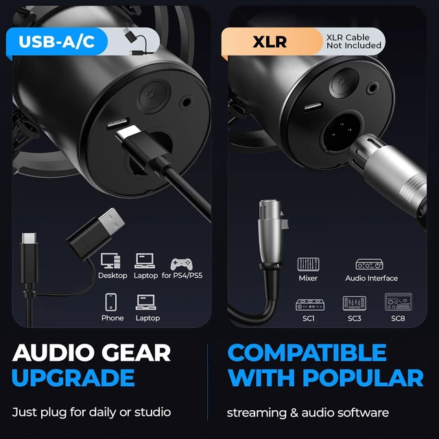 Alt view image 6 of 7 - KO-STAR Dynamic Microphone Kit, USB/XLR Gaming Mic for PC Podcast Streaming | Noise Cancelling, RGB Light, Mute Button, Mic Gain, Monitoring, Boom Arm, Headphones Jack, for Content Creation & Singing