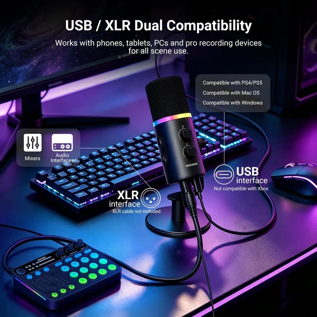 Alt view image 2 of 7 - NEEWER DM04 USB + XLR RGB Dynamic Microphone with AI Noise Cancellation | Mic Gain, 3.5mm Headphone Monitoring, Mute, NEEWER MIC App, EQ, Music Sync, for Phone & PC Gaming Podcast Singing