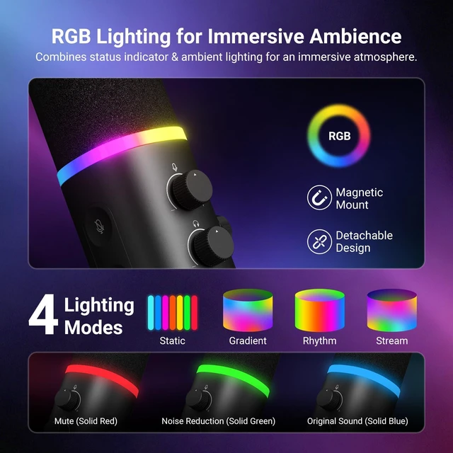 Alt view image 5 of 7 - NEEWER DM04 USB + XLR RGB Dynamic Microphone with AI Noise Cancellation | Mic Gain, 3.5mm Headphone Monitoring, Mute, NEEWER MIC App, EQ, Music Sync, for Phone & PC Gaming Podcast Singing