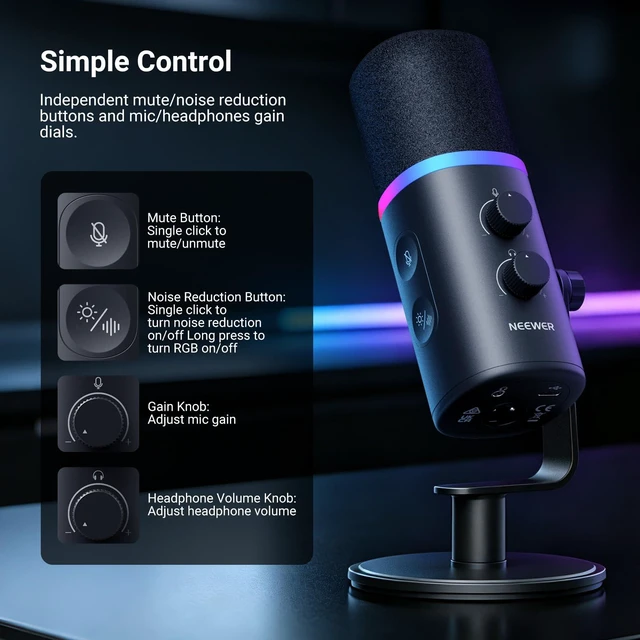 Alt view image 6 of 7 - NEEWER DM04 USB + XLR RGB Dynamic Microphone with AI Noise Cancellation | Mic Gain, 3.5mm Headphone Monitoring, Mute, NEEWER MIC App, EQ, Music Sync, for Phone & PC Gaming Podcast Singing