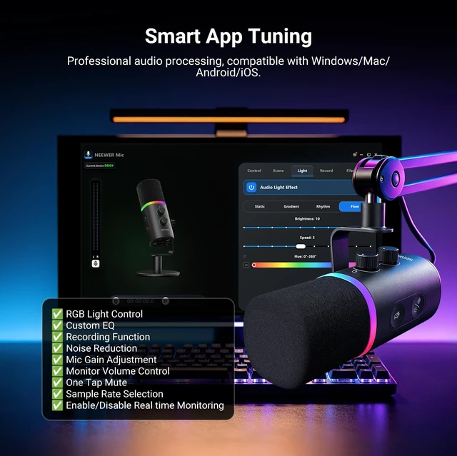 Alt view image 7 of 7 - NEEWER DM04 USB + XLR RGB Dynamic Microphone with AI Noise Cancellation | Mic Gain, 3.5mm Headphone Monitoring, Mute, NEEWER MIC App, EQ, Music Sync, for Phone & PC Gaming Podcast Singing