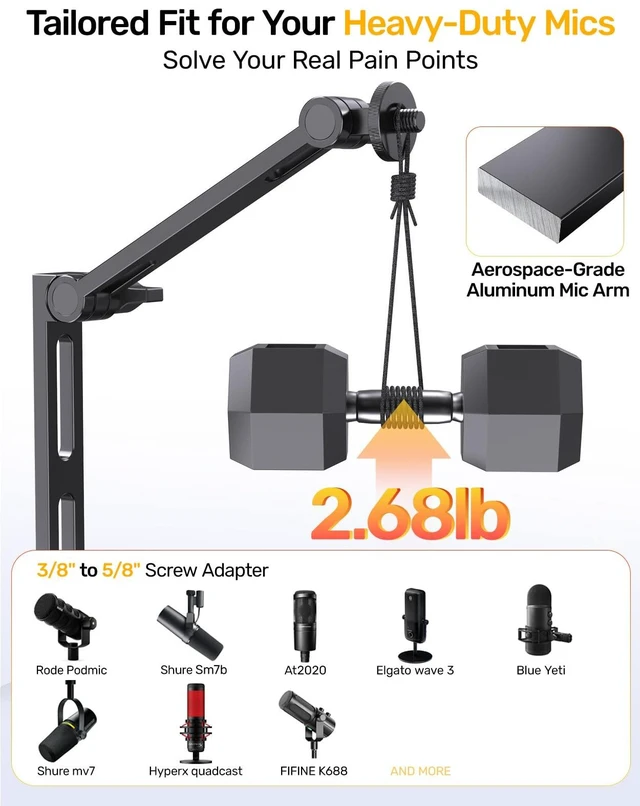 Alt view image 2 of 7 - Desktop Heavy Duty Mic Arm Stand with Silent Mute Knob for Shure SM7B | 2.68lbs Max Heavy Duty Microphone Mount Boom Arm, Compatible with Rode PodMic, for Podcast Gaming Streaming Office Desk Setup