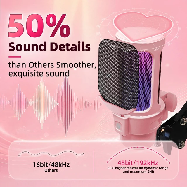 Alt view image 2 of 7 - VCOM Gaming USB Mic Pink,Condenser Dynamic Boom Arm Mic for Podcasting,Streaming, with Boom Arm Stand,Quick Mute,Pop Filter,RGB Indicator,Shock Mount,Rotate gain Button, Compatible with PS4/5/PC