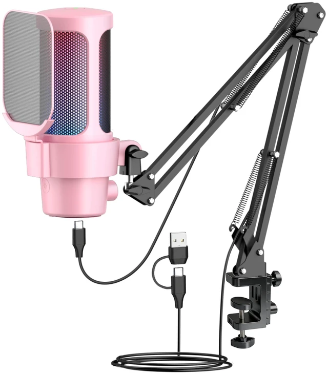 Main image of VCOM Gaming USB Mic Pink,Condenser Dynamic Boom Arm Mic for Podcasting,Streaming, with Boom Arm Stand,Quick Mute,Pop Filter,RGB Indicator,Shock Mount,Rotate gain Button, Compatible with PS4/5/PC