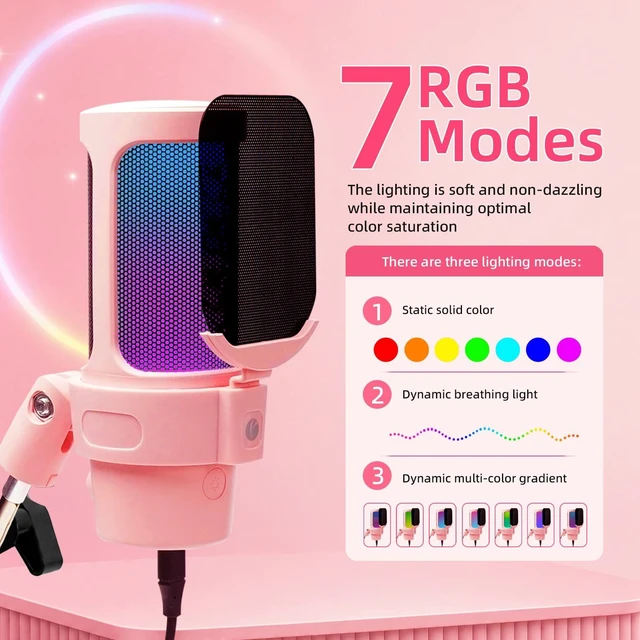 Alt view image 3 of 7 - VCOM Gaming USB Mic Pink,Condenser Dynamic Boom Arm Mic for Podcasting,Streaming, with Boom Arm Stand,Quick Mute,Pop Filter,RGB Indicator,Shock Mount,Rotate gain Button, Compatible with PS4/5/PC