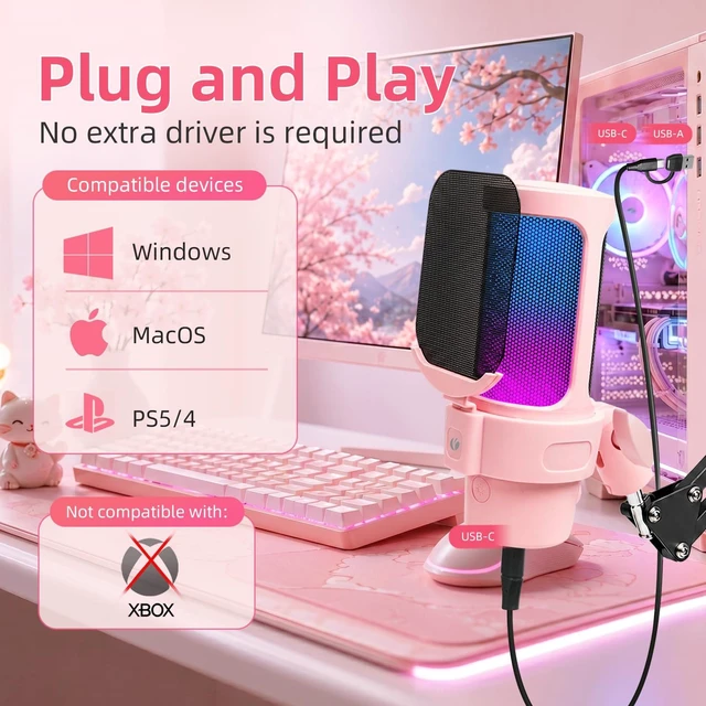 Alt view image 4 of 7 - VCOM Gaming USB Mic Pink,Condenser Dynamic Boom Arm Mic for Podcasting,Streaming, with Boom Arm Stand,Quick Mute,Pop Filter,RGB Indicator,Shock Mount,Rotate gain Button, Compatible with PS4/5/PC