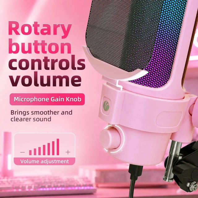 Alt view image 5 of 7 - VCOM Gaming USB Mic Pink,Condenser Dynamic Boom Arm Mic for Podcasting,Streaming, with Boom Arm Stand,Quick Mute,Pop Filter,RGB Indicator,Shock Mount,Rotate gain Button, Compatible with PS4/5/PC