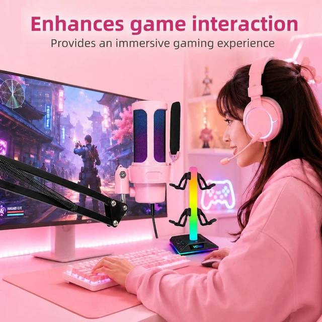 Alt view image 7 of 7 - VCOM Gaming USB Mic Pink,Condenser Dynamic Boom Arm Mic for Podcasting,Streaming, with Boom Arm Stand,Quick Mute,Pop Filter,RGB Indicator,Shock Mount,Rotate gain Button, Compatible with PS4/5/PC