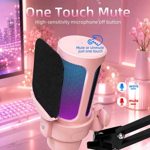 Alt view image 6 of 7 - VCOM Gaming USB Mic Pink,Condenser Dynamic Boom Arm Mic for Podcasting,Streaming, with Boom Arm Stand,Quick Mute,Pop Filter,RGB Indicator,Shock Mount,Rotate gain Button, Compatible with PS4/5/PC