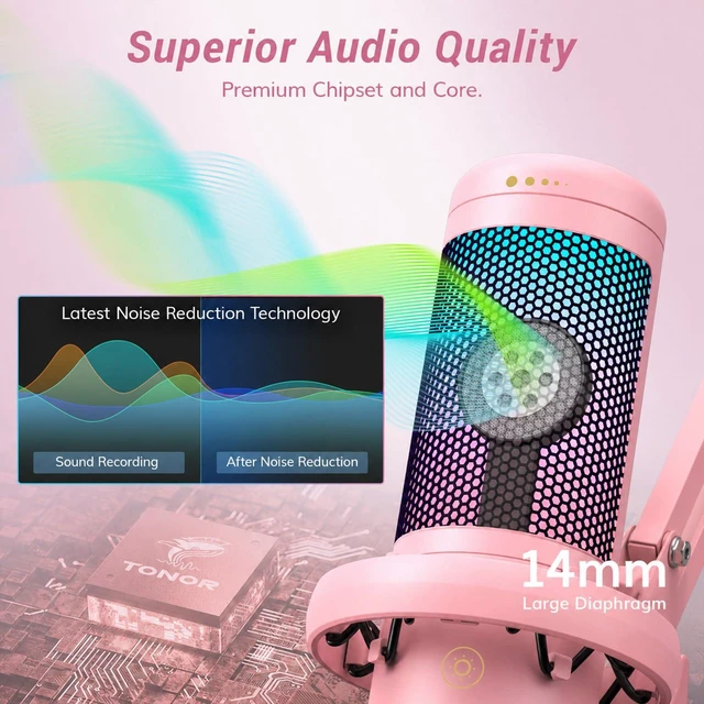 Alt view image 2 of 7 - TONOR Gaming Microphone Set, Vocal Condenser Mic fop PC Gamers with RGB | Boom Arm Set, USB Mic with Controllable Light, One Tap Mute, Volume Control, for Discord, Twitch Streaming, Pink, TC310+