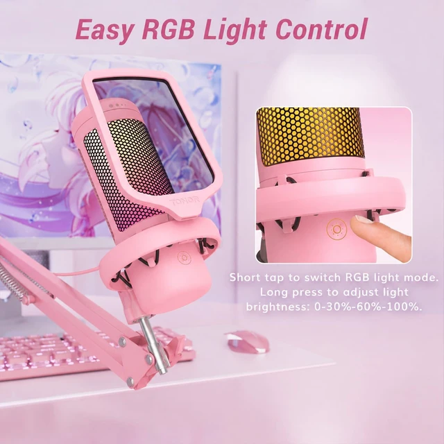 Alt view image 4 of 7 - TONOR Gaming Microphone Set, Vocal Condenser Mic fop PC Gamers with RGB | Boom Arm Set, USB Mic with Controllable Light, One Tap Mute, Volume Control, for Discord, Twitch Streaming, Pink, TC310+