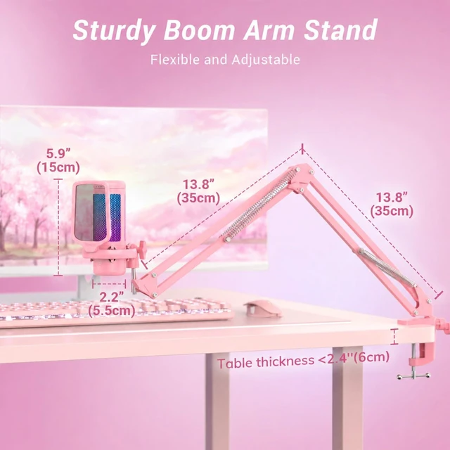 Alt view image 6 of 7 - TONOR Gaming Microphone Set, Vocal Condenser Mic fop PC Gamers with RGB | Boom Arm Set, USB Mic with Controllable Light, One Tap Mute, Volume Control, for Discord, Twitch Streaming, Pink, TC310+