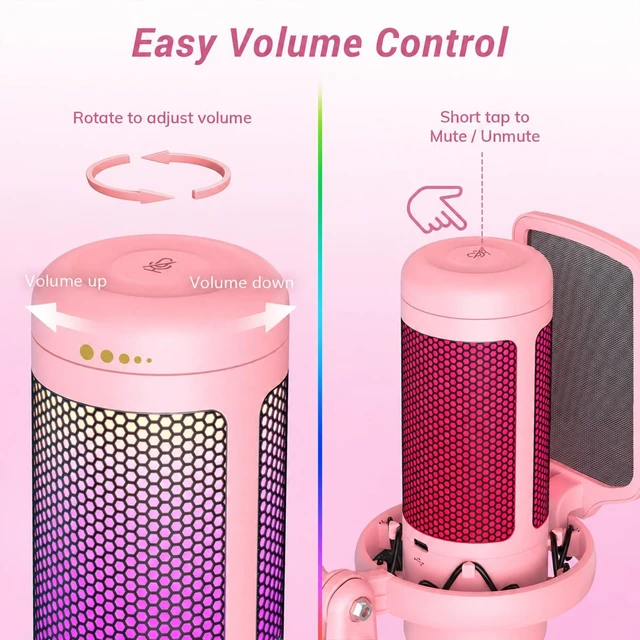 Alt view image 5 of 7 - TONOR Gaming Microphone Set, Vocal Condenser Mic fop PC Gamers with RGB | Boom Arm Set, USB Mic with Controllable Light, One Tap Mute, Volume Control, for Discord, Twitch Streaming, Pink, TC310+