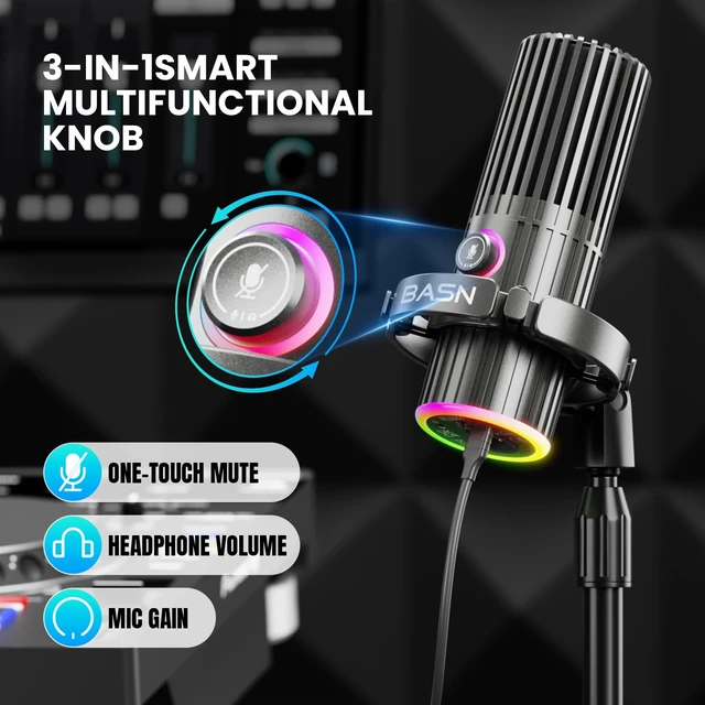 Alt view image 4 of 7 - BASN USB/XLR Dynamic Microphone, Live Streaming, Gaming Recording with Three-in-One Mute Button,RGB Lighting and MIC Stand for PC (Gray) SL2000