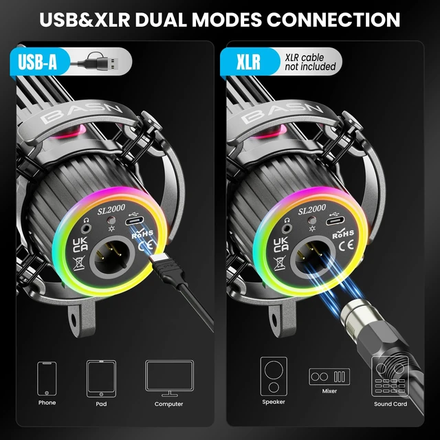 Alt view image 5 of 7 - BASN USB/XLR Dynamic Microphone, Live Streaming, Gaming Recording with Three-in-One Mute Button,RGB Lighting and MIC Stand for PC (Gray) SL2000