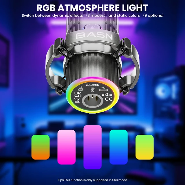 Alt view image 7 of 7 - BASN USB/XLR Dynamic Microphone, Live Streaming, Gaming Recording with Three-in-One Mute Button,RGB Lighting and MIC Stand for PC (Gray) SL2000