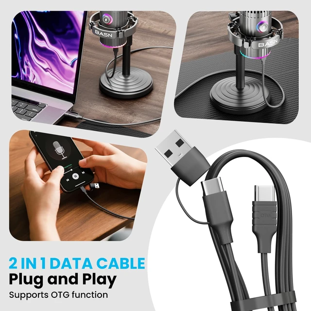 Alt view image 6 of 7 - BASN USB/XLR Dynamic Microphone, Live Streaming, Gaming Recording with Three-in-One Mute Button,RGB Lighting and MIC Stand for PC (Gray) SL2000